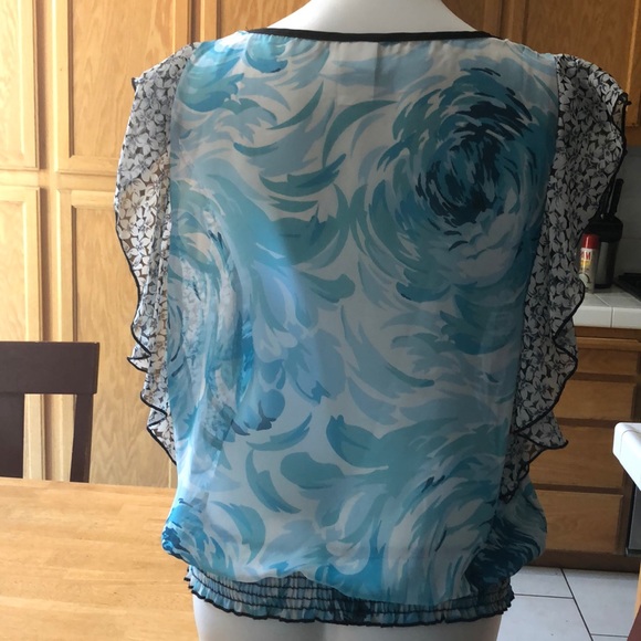 Sheer blue and white, black flower top - Picture 2 of 3